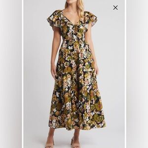 Moon River Anthropologie Floral Fit & Flare Tiered Midi Sundress Flutter Sz S